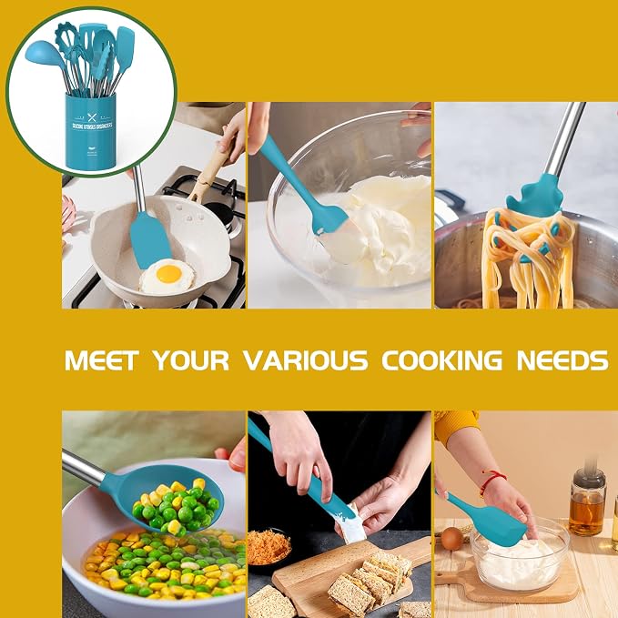 15 Pcs Silicone Cooking Utensils Kitchen Utensil Set - Umite Chef 446°F Heat Resistant Stainless Steel Handles Kitchen Gadgets Tools Set for Nonstick Cookware(Blue) - Image 5