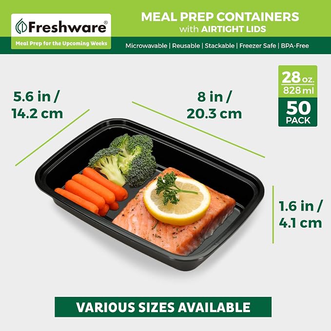 Freshware Meal Prep Containers 1 Compartment Food Storage Containers with Lids, Bento Box, BPA Free, Stackable, Microwave/Dishwasher/Freezer Safe (28 oz), 50 Count (Pack of 1) - Image 3