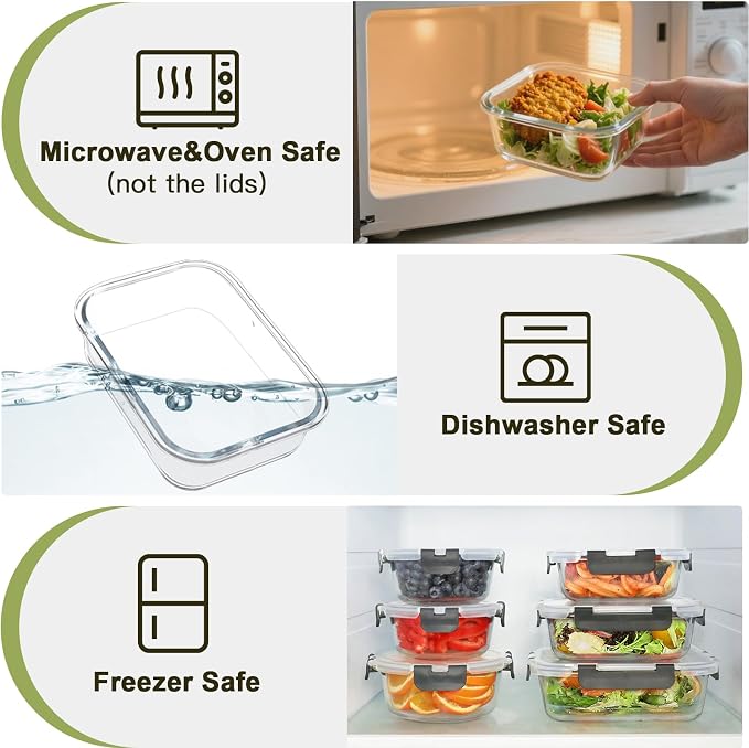 BAYZZ 30 Piece Glass Food Storage Containers Set, Glass Meal Prep Containers with Lids, Airtight Lunch Box, BPA-Free, Microwave, Freezer & Dishwasher Safe - Image 3