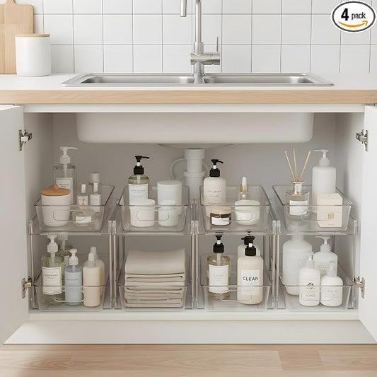 4 Pack Bathroom Organizers and Storage, 2-Tier Clear Under Sink Organizer, Vanity Counter Storage, Medicine Cabinet Organization, Pull-Out Cabinet Organizer With Track For Bathroom, Kitchen, Pantry by Unknown