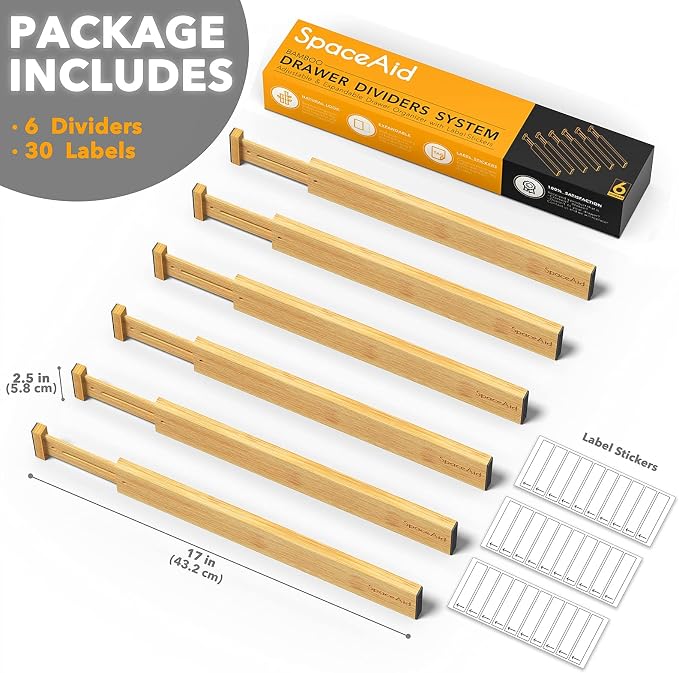 SpaceAid Bamboo Drawer Dividers (Need 2.35" Deep Drawer) Kitchen Adjustable Drawer Organizers, Expandable Organization for Home, Office, Dressers and Bathroom, 6 Dividers (13.25-17 in) - Image 2