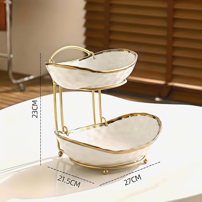 XUDREZ 2 Tier/ 3 Tier Fruit Bowl with Metal Stand for Kitchen Counter, Ceramic Gold Silver White, Portable Tiered Fruit Basket Fruit Rack for Nuts, Snacks, Bread, Candy Storage (White A, 2 Tier) - Image 2