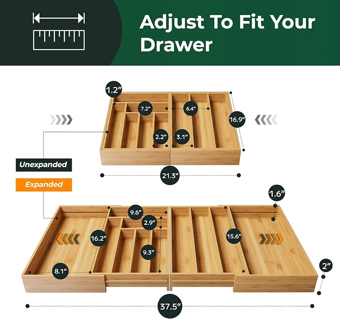 Large Silverware Organizer, 11 Slots Magnetic Connected Expandable Acacia Wood Utensil Drawer Organizer From 21 to 37.4 Inches, Adjustable Flatware and Cutlery Holder, Utensil Tray for Kitchen - Image 2
