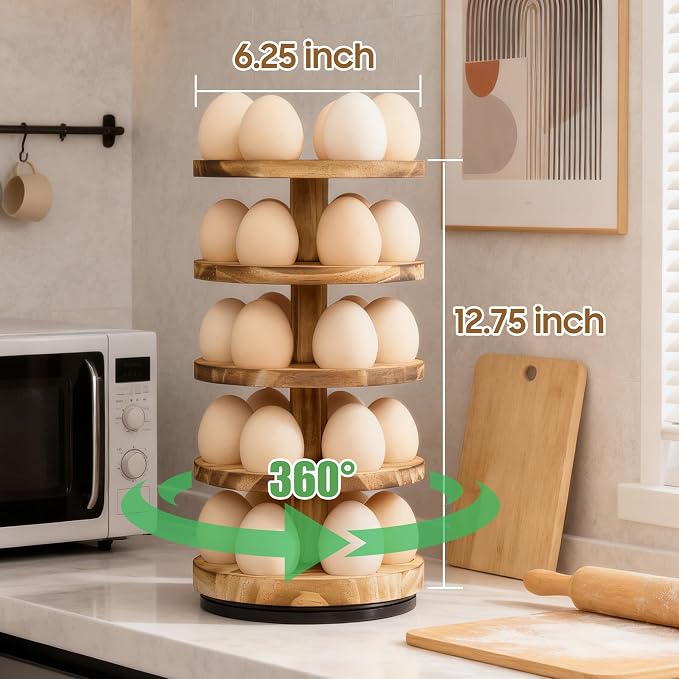 Wooden Egg Holder Countertop, Rotating Countertop Egg Holder | 5 layer countertop egg holder for fresh eggs, stackable with 30 eggs for countertop kitchen, pine - Image 2