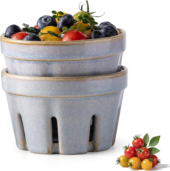 Gomakren Ceramic Berry Basket Set of 2, Small Fruit Bowl Colanders, Gray | Drain Holes Keep Berries Fresh, Stackable, Wash & Serve, Round Strawberry Basket for Fridge Kitchen Counter, Lovely Home Gift by Gomakren