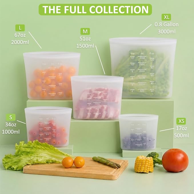 100% Silicone Reusable Storage Bag, 9 Pack Stand-Up Wide-Mouth Zip-Lock Food Storage Bags, Easy-Fill Easy-Open Easy-Clean Space-Saving, Microwave & Dishwasher Safe, 1 XL/3 L/1 M/3 S/1 XS, Translucent - Image 7