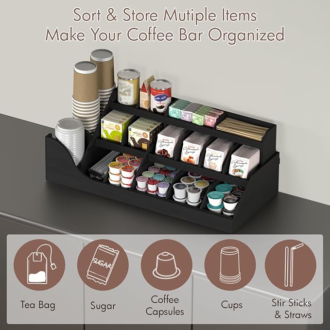 Suli 3-Tier Coffee Bar Station Organizer for Countertop,Extra large,18-Slot | Coffee Storage Basket for Kitchen Counter,Office,Hotel,Pod Holder with Drawer for Condiment Syrup,Tea Cup,Wooden,Rustic Black - Image 3
