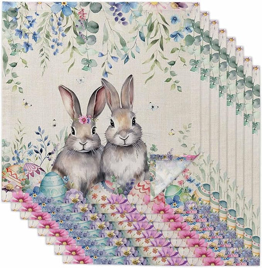 Dinner Cloth Napkins Set of 8, Spring Easter Washable Cocktail Cloth Napkins 20 x 20 Inch, Rustic Bunny Eggs Eucalyptus Leaves Botanical Reusable Table Napkins for Wedding Holiday Party by Kewadony