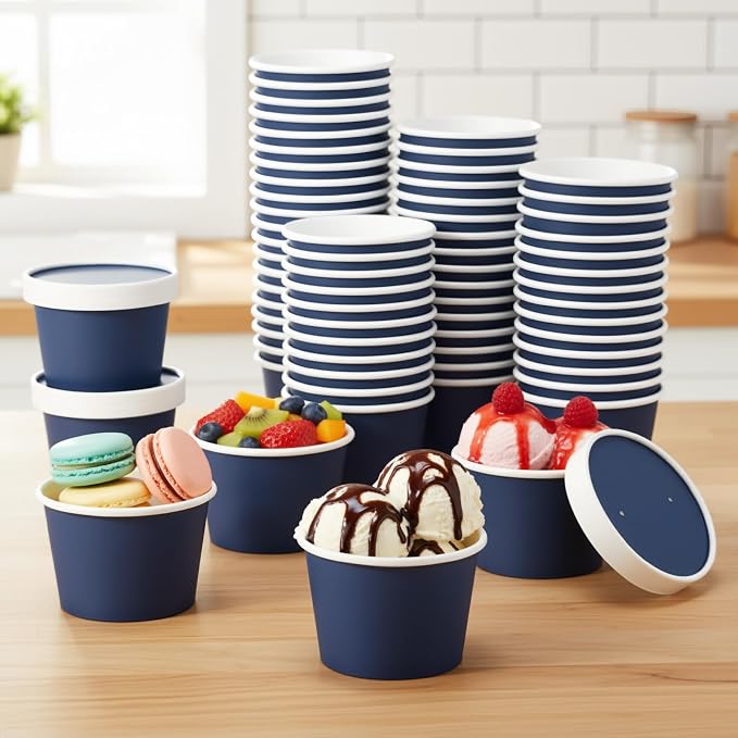 Fulmoon 100 Pack Paper Soup Containers with Lids Disposable Paper Food Containers with Vented Lid Kraft Ice Cream Cake Dessert Cups Soup Bowl for Party Hot Food Fruit Microwave(8 oz,Navy Blue) - Image 4