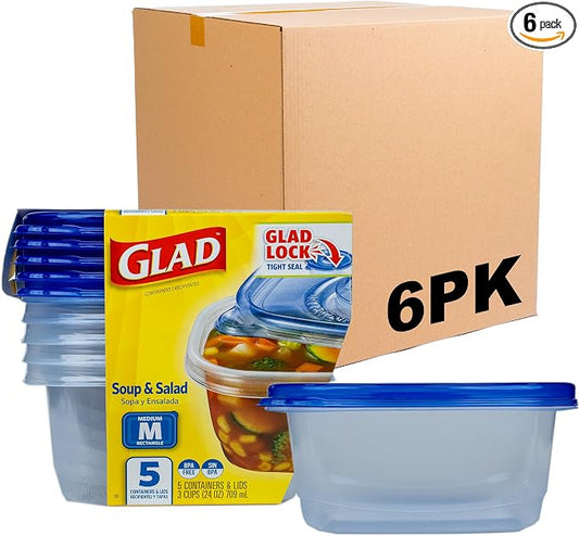Glad GladWare Medium Rectangle Food Storage Containers, 24 Oz, 5 Ct, 6-Pk | Airtight, leak-resistant containers for soups, salads, and meal prep; microwave, dishwasher, and freezer safe by GladTrashFoodStorage