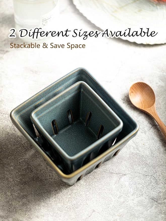 Gomakren Berry Bowl Set of 2, Ceramic Berry Basket, Square Fruit Bowls with Holes, Fruit Storage Containers for Kitchen Fridge, Cute Strawberry Basket for Berries, Grape, Cherry, Slate Blue - Image 8