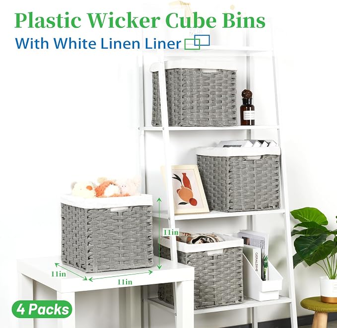 Bidtakay Wicker Cube Baskets with Liners Cube Storage Organizer for Shelves Closet 11 inch 4 Pack Decorative Hand-Woven Imitation Wicker Storage Bins for Organizing Pantry Bedroom Light Grey - Image 2