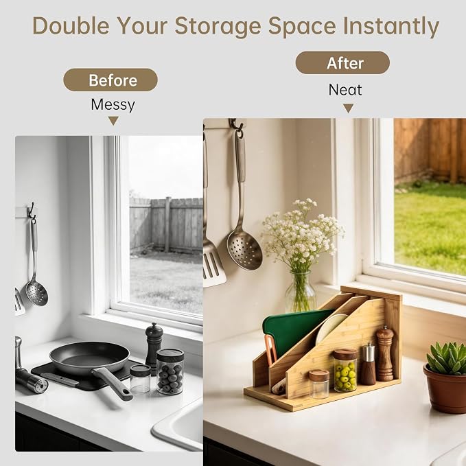Tray Dividers for Kitchen Cabinets，cookie sheet divider for cabinet | (14"H x 21.3"D) - Bamboo Cabinet Organizer with 3 Dividers for Cookie Sheets, Baking Pans, Cutting Boards & Pot Lids - Image 3