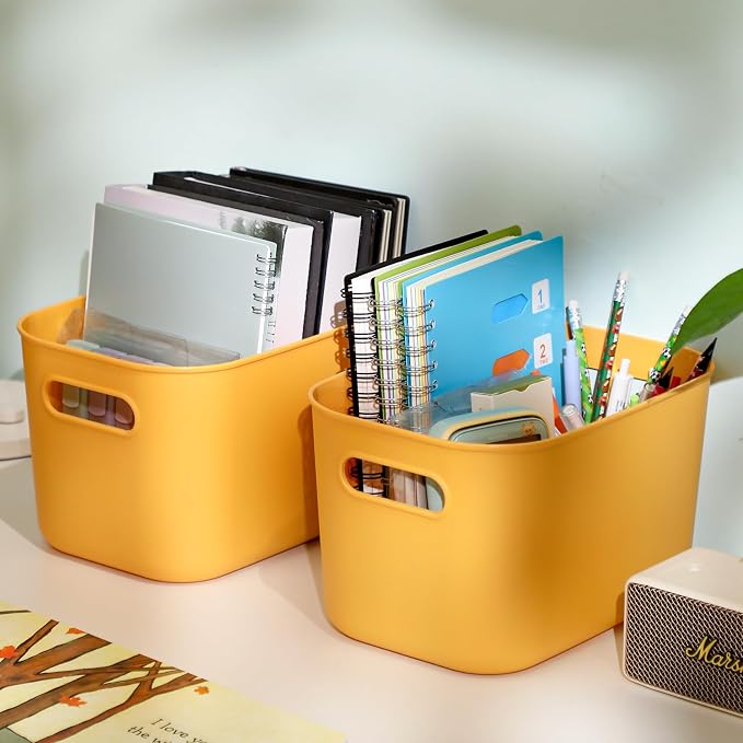 8 Pieces Colorful Storage Bins with Lid, Plastic Storage Basket Organizing Container Stackable Box with Handle for Shelves Desktop Playroom Office(10.2 x 7 x 6.3 Inch,Yellow) - Image 4