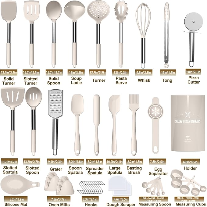 Umite Chef Silicone Kitchen Cooking Utensil Set, 43 pcs Spatula Set with Stainless Steel Handle, Non-stick Heat Resistant - Best Cookware Set-(Khaki) - Image 3