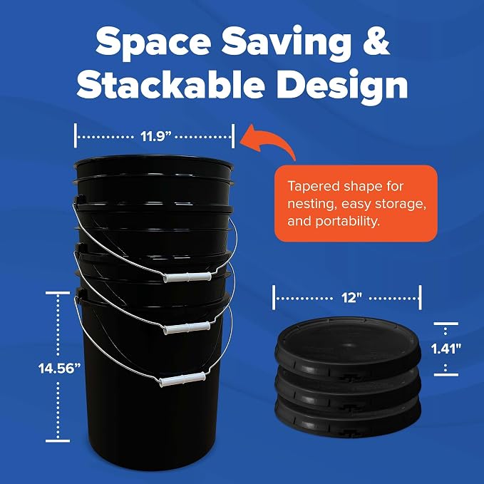 5 Gallon Bucket - Food Grade w/Lid BPA-Free, 60 Pack -Black | Airtight Gasketed Tear Strip Lid, Heavy-Duty 90 Mil HDPE Plastic Pail, Bulk Storage, Food Safe Durable Container, Made in USA - Image 2