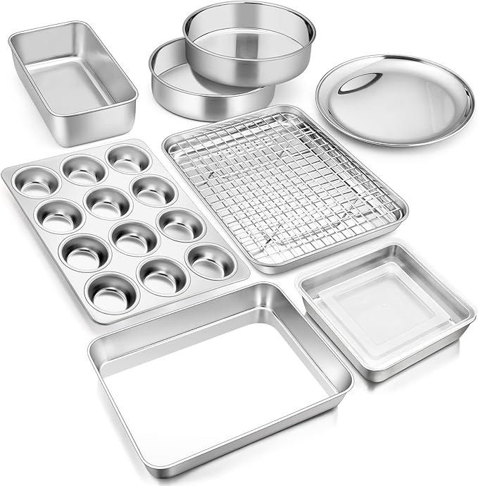 E-far 10-Piece Baking Pans set, Stainless Steel Bakeware Set for Oven, Include Cake Pan/Baking Cookie Sheet/Pizza/Muffin/Loaf Pan, Non-Toxic & Heavy Duty, Dishwasher Safe by E-far