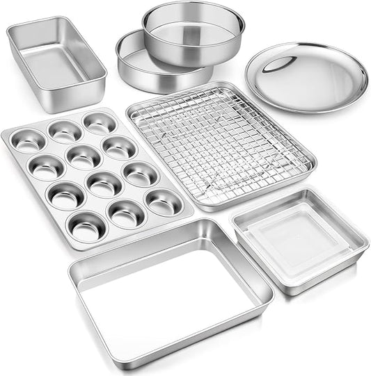 E-far 10-Piece Baking Pans set, Stainless Steel Bakeware Set for Oven, Include Cake Pan/Baking Cookie Sheet/Pizza/Muffin/Loaf Pan, Non-Toxic & Heavy Duty, Dishwasher Safe by E-far