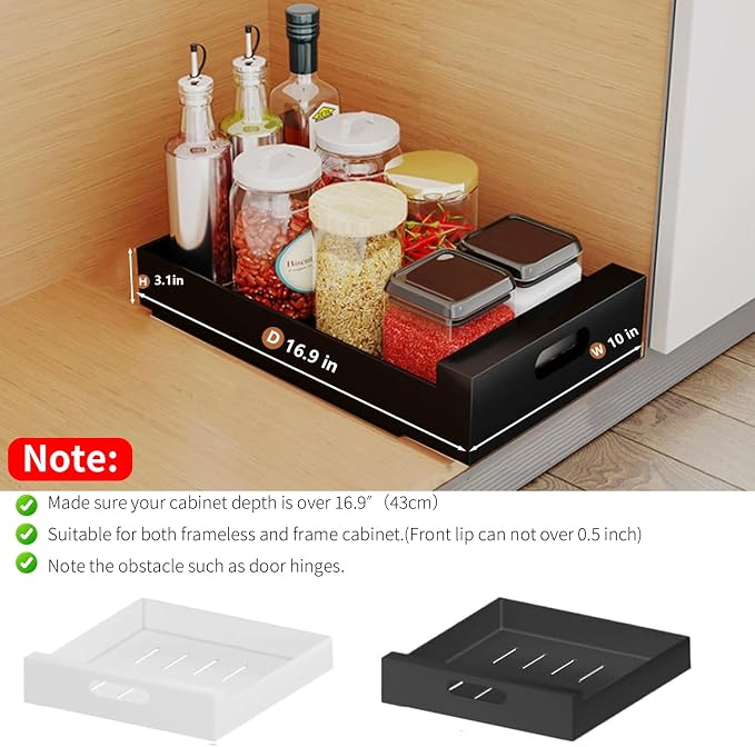 2 Pack Pull Out Drawers for Cabinets, 10" W x16.9" D Pull Out Cabinet Organizer Adhesive for Narrow Face Frame or Frameless Cabinets, Sturdy Pull Out Shelves for Kitchen,Pantry and Bathroom Vanity - Image 2