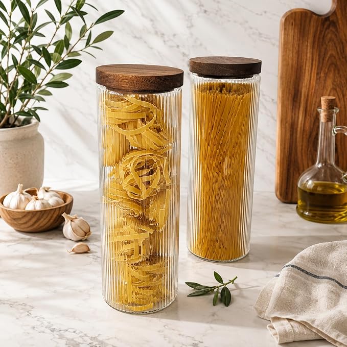 Mason & Fable Ribbed Glass Canisters or Spaghetti Jars with Airtight Wood Lid- Tall Storage Containers for Pasta, Cereal or Flour -Ideal for Kitchen/Pantry Organization - 60 fl.oz, Set of 2 - Image 2