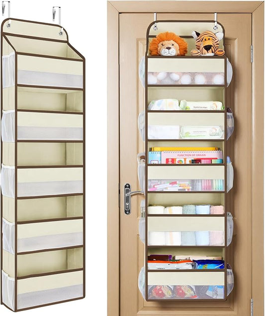 Yecaye Over The Door Organizer Storage, 5-Tier Heavy Duty Door Organizers Hanging with 10 Side Mesh Pockets, 44 lbs Load Capacity Behind Door Storage for Bathroom Nursery Bedroom Dorm Closet,Beige,1Pc by Yecaye