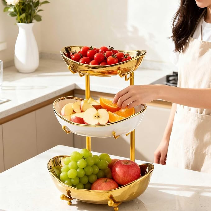 3 Tier Fruit Bowls For Kitchen Counter, Ceramic Fruit Basket Stand | Metal Fruit Serving Tray, Large Capacity, Snacks Nuts Cake Storage Holder for Party, Gold 2 - Image 6
