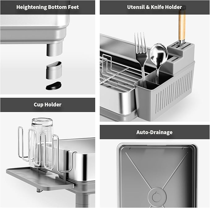 Dish Drying Rack, 304 Stainless Steel Dish Racks for Kitchen Counter | Dish Drainers with Automatic Drainage, Utensil Holder & Cups Holder, Space Saving Kitchen Organizer, Gray - Image 6
