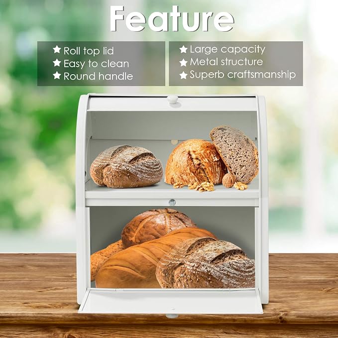 Olebes Bread Box, Metal Bread Box For Kitchen Countertop, Bread Storage Container Holds 2 Loaves Of Bread, High Capacity Breadbox, Bread Holder Suit Farmhouse Kitchen Decor For Counter (White) - Image 3