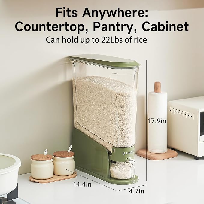 UFORU Slim Rice Dispenser 22 LB,Clear Rice Storage for Small Spaces | Green,BPA-Free Sealed Design for Rice, Grain and Cereal,Rice Container Fits Narrow Pantry Shelves and Countertops - Image 3