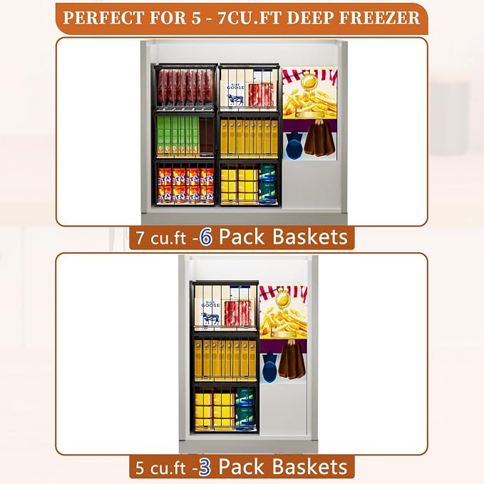 Large Freezer Organizer Bins for 5 to 9 Cu.Ft,Quick Expand/Collapse,6PACK | Freezer Organizer Bins, Stackable,foldable,With handle Wire Storage Container Baskets for Sort Frozen Meats,Leak-Proof Liner - Image 5