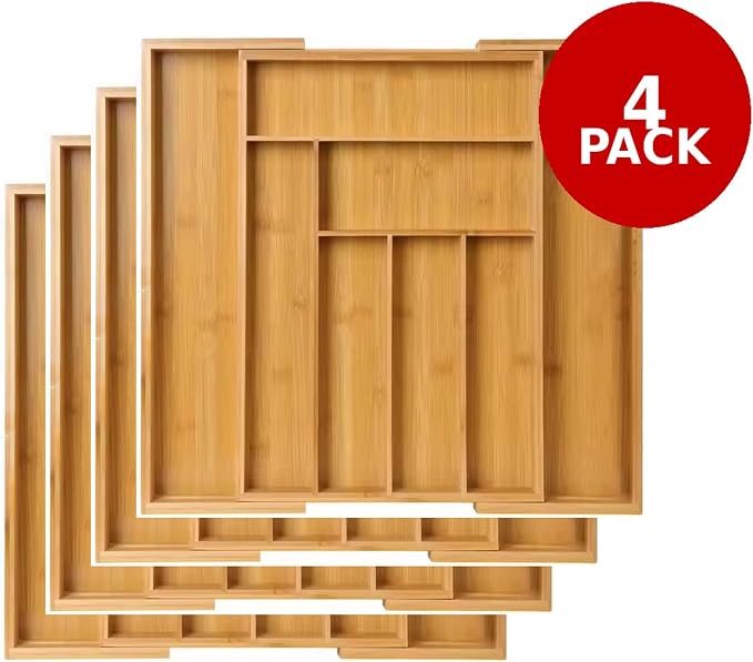 Kitchen Drawer Organizer Expandable Bamboo, Utensil Organizer for Kitchen Drawer, Adjustable Silverware Organizer Tray 13–19.6”, Wooden Cutlery Drawer Organizer, Deep Compartments (4) - Image 2