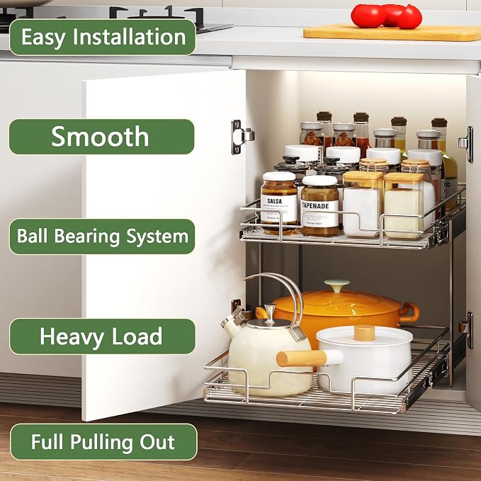 2 Tier Individual Pull Out Cabinet Organizer 19½" W x 21½" D, Heavy Duty Cabinet Pull Out Shelves, Slide Out Drawers Organization for Kitchen Cabinets Bathroom - Image 2