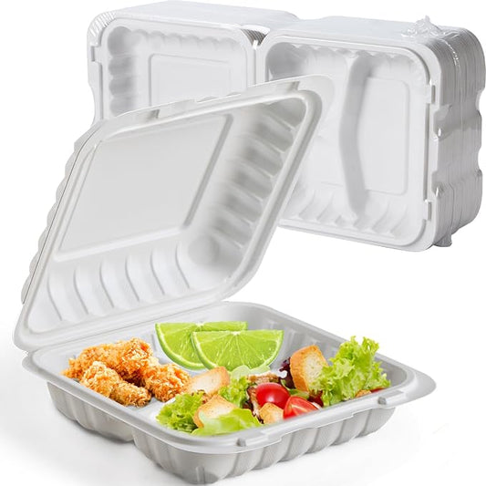 7.8" 30oz 3 Compartment Food Containers - Shrink Wrap Ready to Use | 65 Pack Mineral Filled PP Clamshell | BPA Free Freezer Microwave Safe | Reusable White Lunch Box for Leftovers, Take Out by wonderfulmealprep