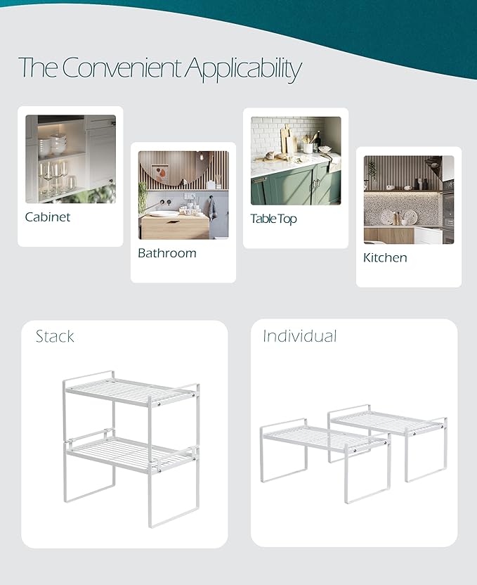 Shantton Cabinet Shelf Organizer, Pantry Shelf Rack, White 13x8.3x7.3 | 2-Pack Stackable Metal Riser Holds 40LBS with Non-Slip Feet for Kitchen Pantry Bathroom Countertop Freezer Cupboard - Image 4