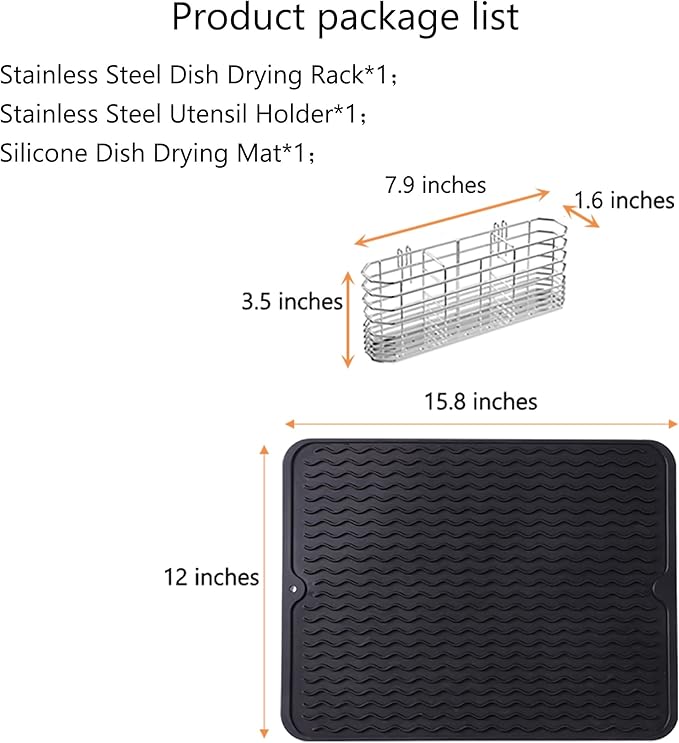 NiuYichee Stainless Steel Dish Drying Rack(15"L X 11"W X 4.1"H), Expandable Fruit & Vegetable Drain Rack over Sink, Dish Drainer Rack in Sink, with Stainless Steel Utensil Holder & Silicone Mat(16") - Image 3