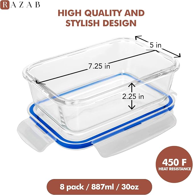 Razab 16 Pc (Set of 8) 30 Oz Glass Meal Prep Containers with Lids, Airtight Large Glass Food Storage Containers, Reusable Leak Proof BPA Free, Freezer to Oven and Dishwasher Safe - Image 3