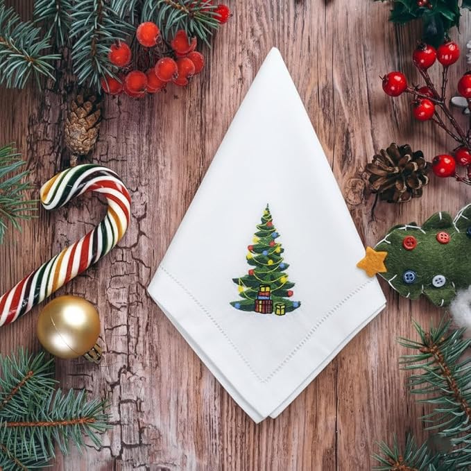 – Embroidered Cloth Napkin Christmas Tree Cotton Napkins Set of 6, 20 x 20”, Hemstitch Table Napkins, Machine Washable, Daily & Holidays, Great Gift Ideas - Image 4