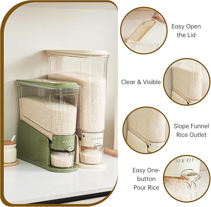UFORU Slim Rice Dispenser 11 LB,Clear Rice Storage for Small Spaces | Green,BPA-Free Sealed Design for Rice, Grain and Cereal,Rice Container Fits Narrow Pantry Shelves and Countertops - Image 4
