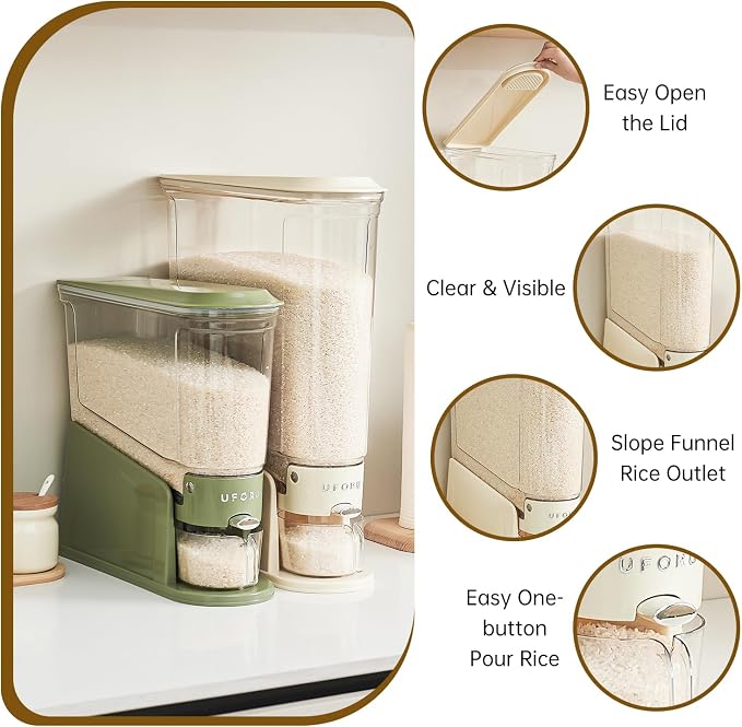 UFORU Slim Rice Dispenser 22 LB,Clear Rice Storage for Small Spaces | White,BPA-Free Sealed Design for Rice, Grain and Cereal,Rice Container Fits Narrow Pantry Shelves and Countertops - Image 4
