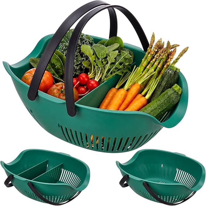Nuogo 3 Pcs Garden Harvest Basket Removable Partitions with Tool Caddy for Collecting Carrying and Cleaning Harvesting Basket Doubles Colander for Vegetables and Fruits Garden Accessories(Dark Green) by Nuogo
