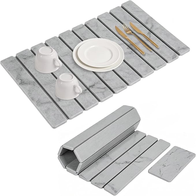 Large Stone Dish Drying Mat for Kitchen Counter, 24"×16" Foldable Quick Drying Mat, Absorbent Diatomaceous Earth Drying Mat for Bottles Cups Dishes, Match Any Countertop (Gray Marble, 24" x 16") by Sunsturm
