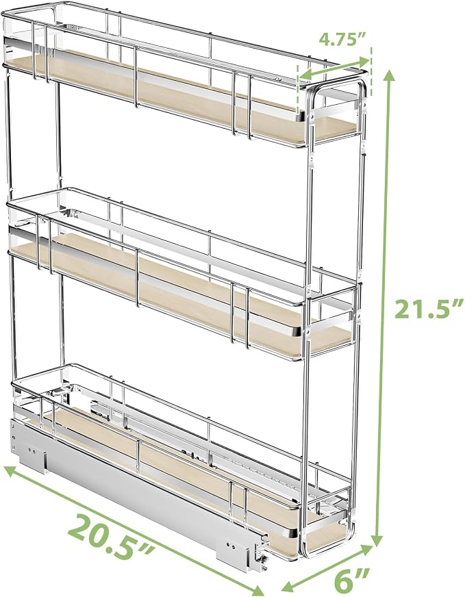 ROOMTEC 3-Tier Pull Out Cabinet Organizer Spice Rack for Narrow Cabinet 6" W x 20½" D, Slide Out Wood Shelves Storage for Kitchen - Image 3