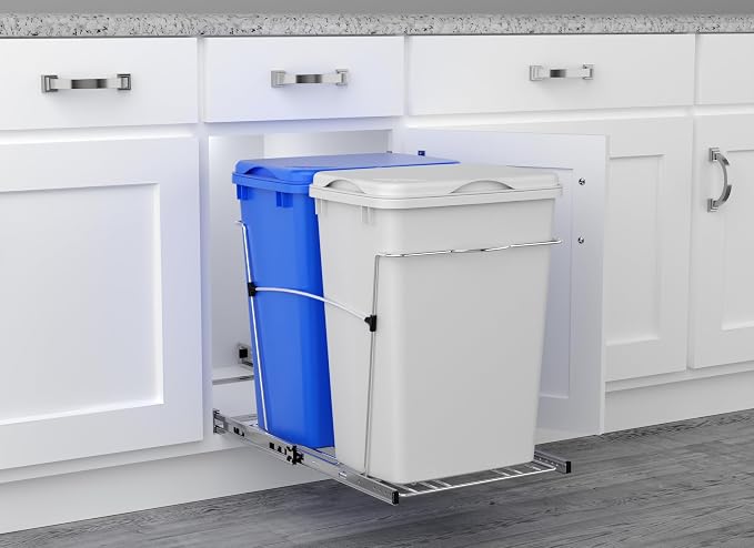 Rev-A-Shelf Double Pullout Garbage Trash Cans for Kitchen Cabinets, 35 Qt | Large Capacity Waste/ Recycling Bins, Heavy Gauge Wire Construction, with Full Extension Slides, Blue/White, RV-18KD-11RC-S - Image 6
