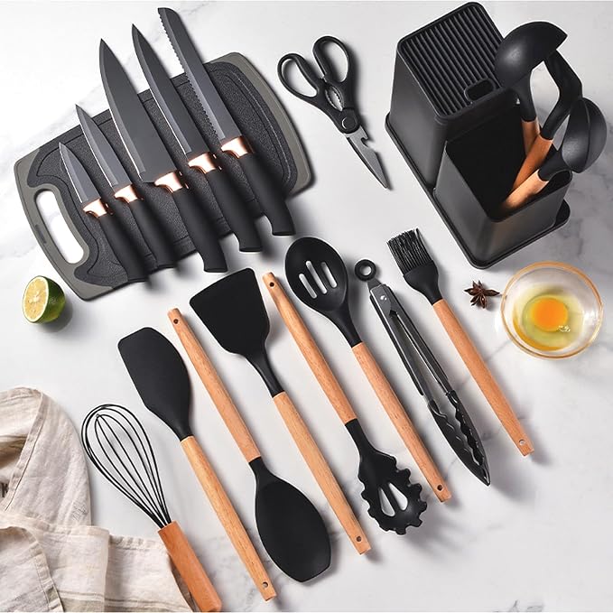 Cooking Utensils Set,19 Kitchen Set Utensils Set with 11 Pieces Spatula Cooking Utensils,Heat Resistant Silicone Utensils 6 Piece Sharp Knife Set 2 Pieces Utensil Cutting Board (Black 19 PCS Set) - Image 3