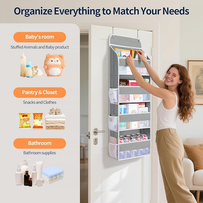 Yecaye Over The Door Organizer, Heavy Duty Hanging Organizers and Storage with 4 Large Capacity Pockets, Swing-Proof Behind The Door Storage for Bathroom Nursery Bedroom Dorm Closet, Grey,1Pc - Image 4