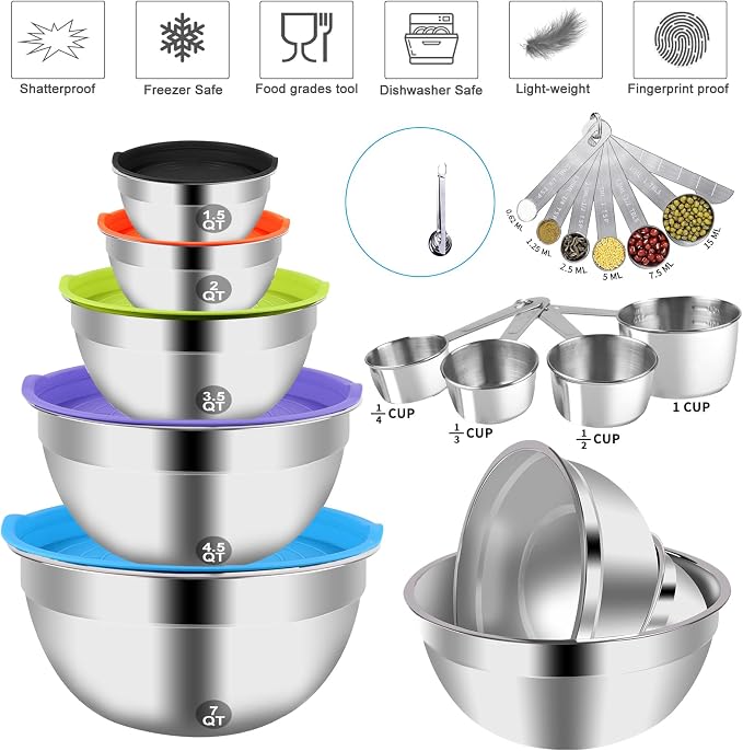 WEPSEN Mixing Bowls with Lid Set, 25PCS Kitchen Utensils Metal Bowl Stainless Steel Nesting Bowls, Measuring Cups and Spoons, Egg Whisk for Baking Prepping Cooking Serving Supplies - Image 7