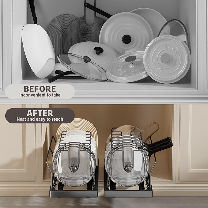 Magheo 2 Pack Pots and Pans Organizer Under Cabinet, 22" Deep Expandable Pull Out Pot Lid Organizer and Storage with 10 Adjustable Dividers No Drill Pot and Pan Holder Rack with Handle Bracket(Black) - Image 3