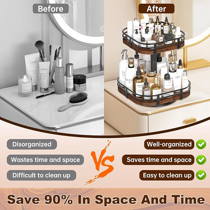 12" Large Lazy Susan Turntable Organizer - 2 Tier Spice Rack for Table Top | Rotating Wood Spice Cabinet Organizer for Pantry Kitchen Countertop Coffee Bar Cupboard Bathroom Vanity Storage - Image 6