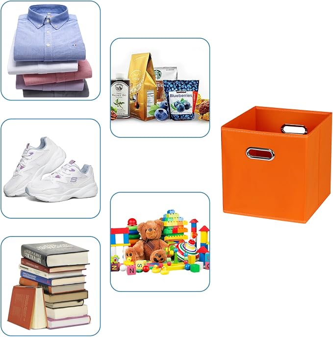 Black Fabric Cubby Storage Bins,13x13x13 Inches ,Cube Organizer Bin Foldable Storage Boxes with Dual Handles Fabric Organizer Box and collapsible Storage basket,Set of 6,Orange - Image 3