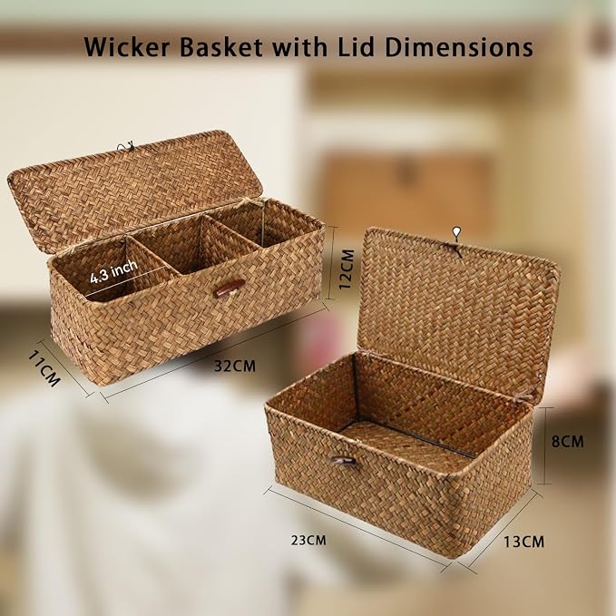 TOOSOAR® 2 Piece Wicker Storage Basket, Wicker Basket Lid with Lid, Rectangular Wicker Basket with Compartment for Organizing Snack Toys - Image 5